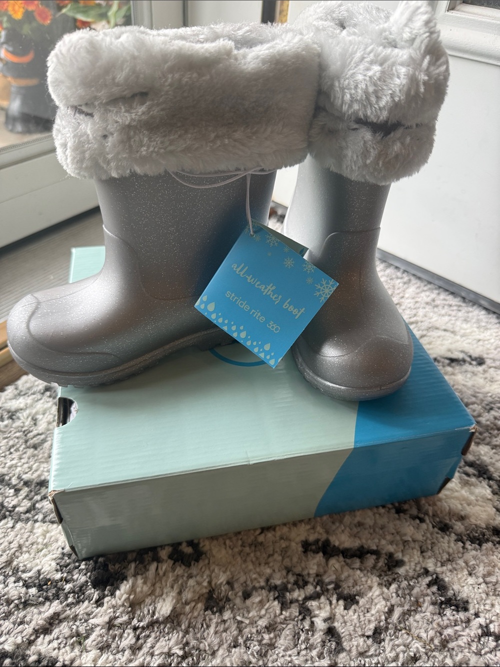 Stride Rite  Silver Glitter Children’s Waterproof Boots with Faux Fur Cuff